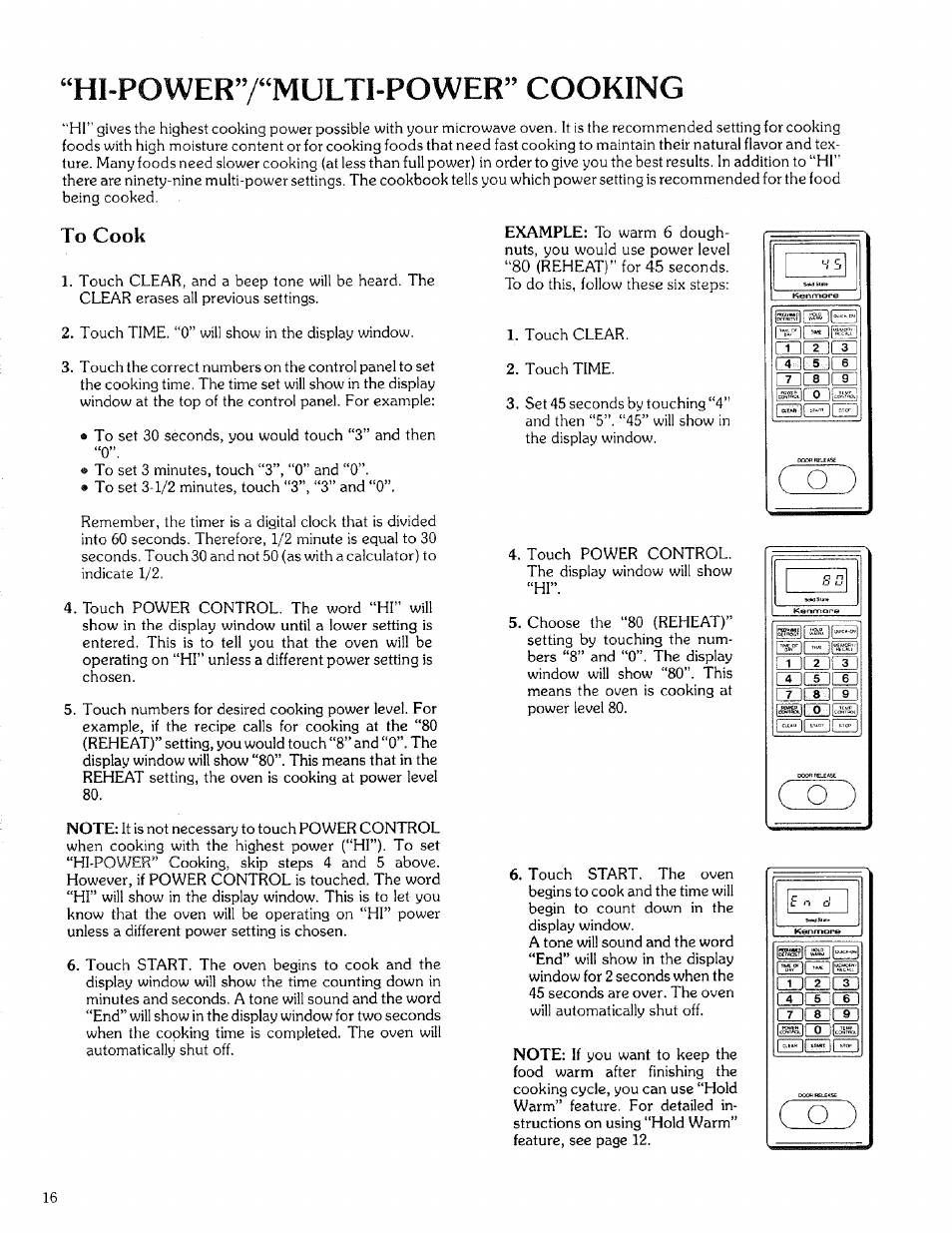 H1-power7 “multi-power” cooking, B “hi-power”/‘‘multi-power” cooking | Kenmore 88329 User Manual | Page 16 / 35