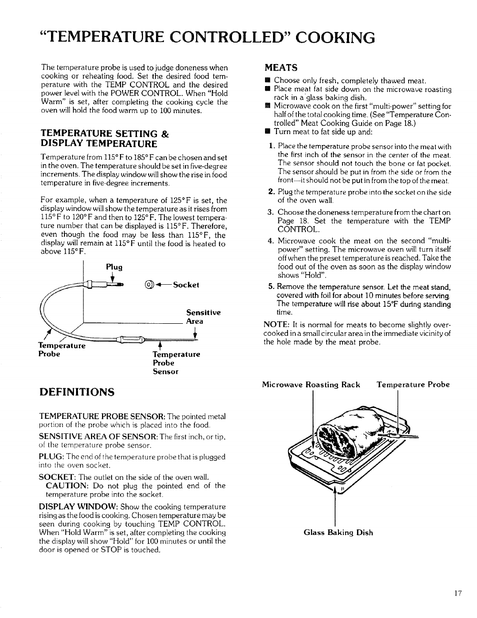 Temperature controlled” cooking, Temperature setting, Display temperature | Meats, B “temperature controlled” cooking —19, Definitions | Kenmore 88329 User Manual | Page 17 / 35