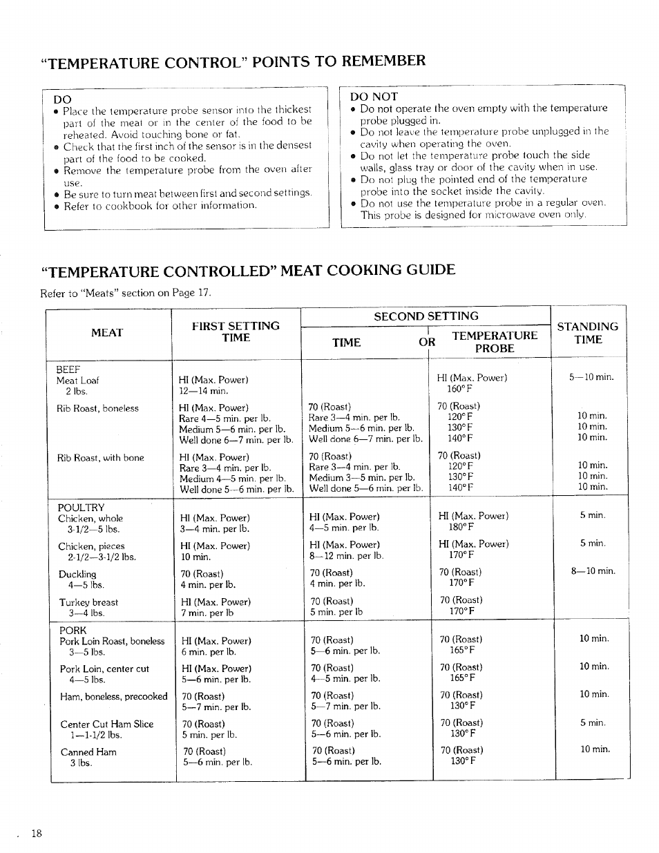 Temperature control” points to remember, Temperature controlled” meat cooking guide | Kenmore 88329 User Manual | Page 18 / 35