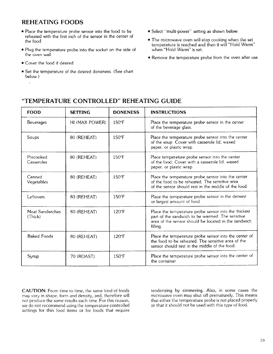 Reheating foods, Temperature controlled” reheating guide | Kenmore 88329 User Manual | Page 19 / 35