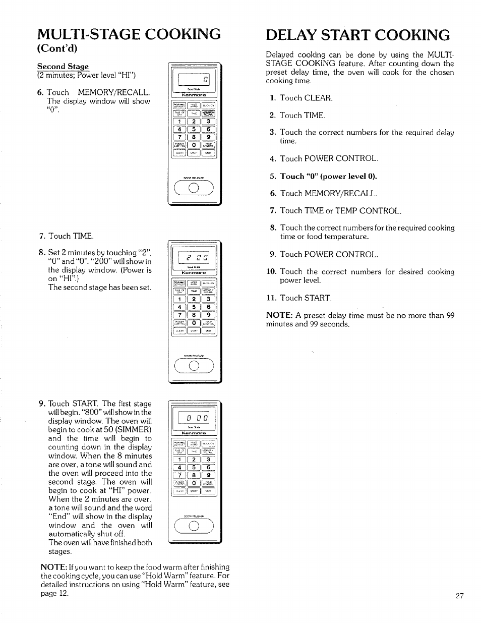 Multi-stage cooking, Delay start cooking, J i'~^ i j | Kenmore 88329 User Manual | Page 27 / 35