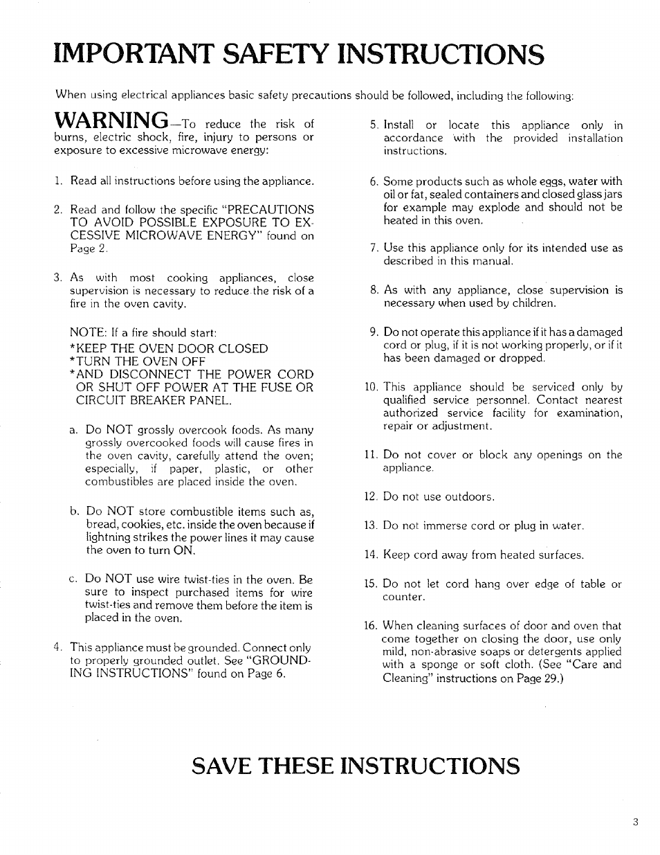 Important safety instructions, Warning, Save these instructions | Kenmore 88329 User Manual | Page 3 / 35