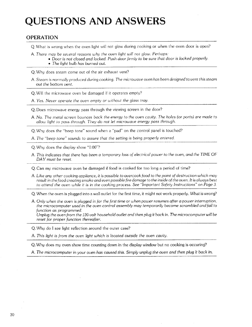 Operation, Questions and answers | Kenmore 88329 User Manual | Page 30 / 35