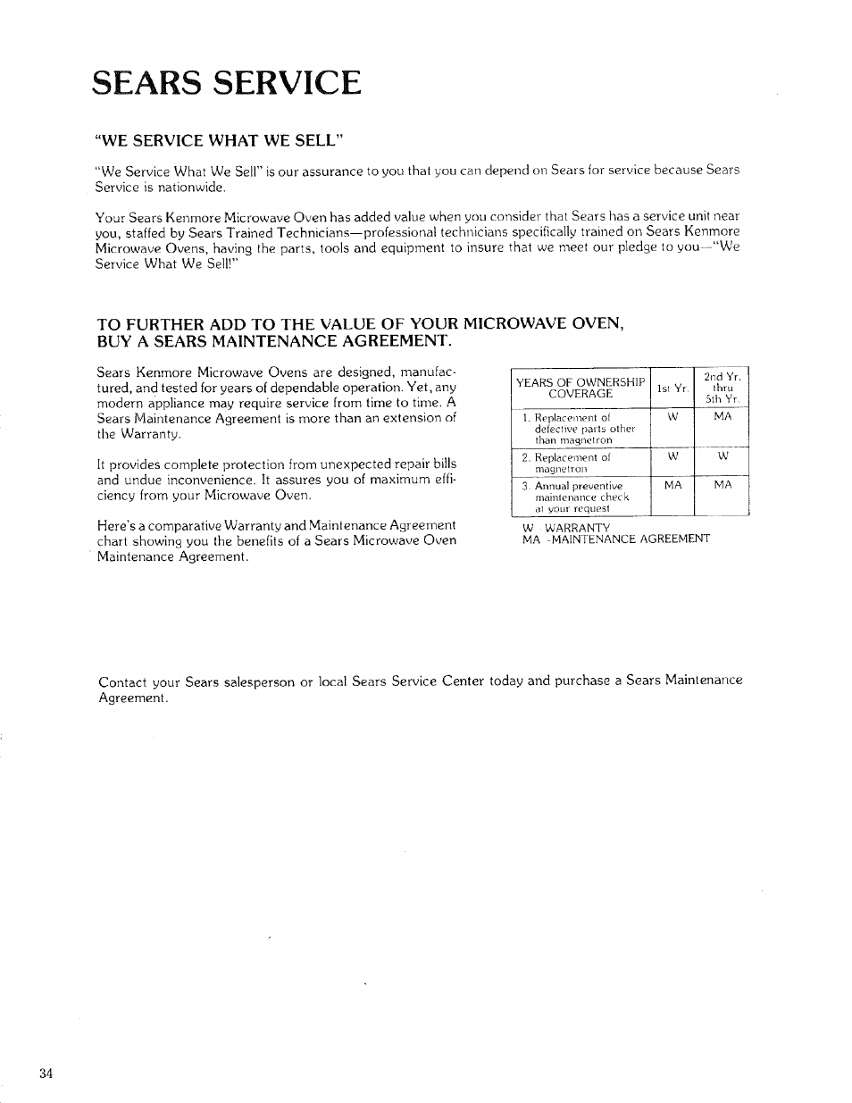 Sears service | Kenmore 88329 User Manual | Page 34 / 35