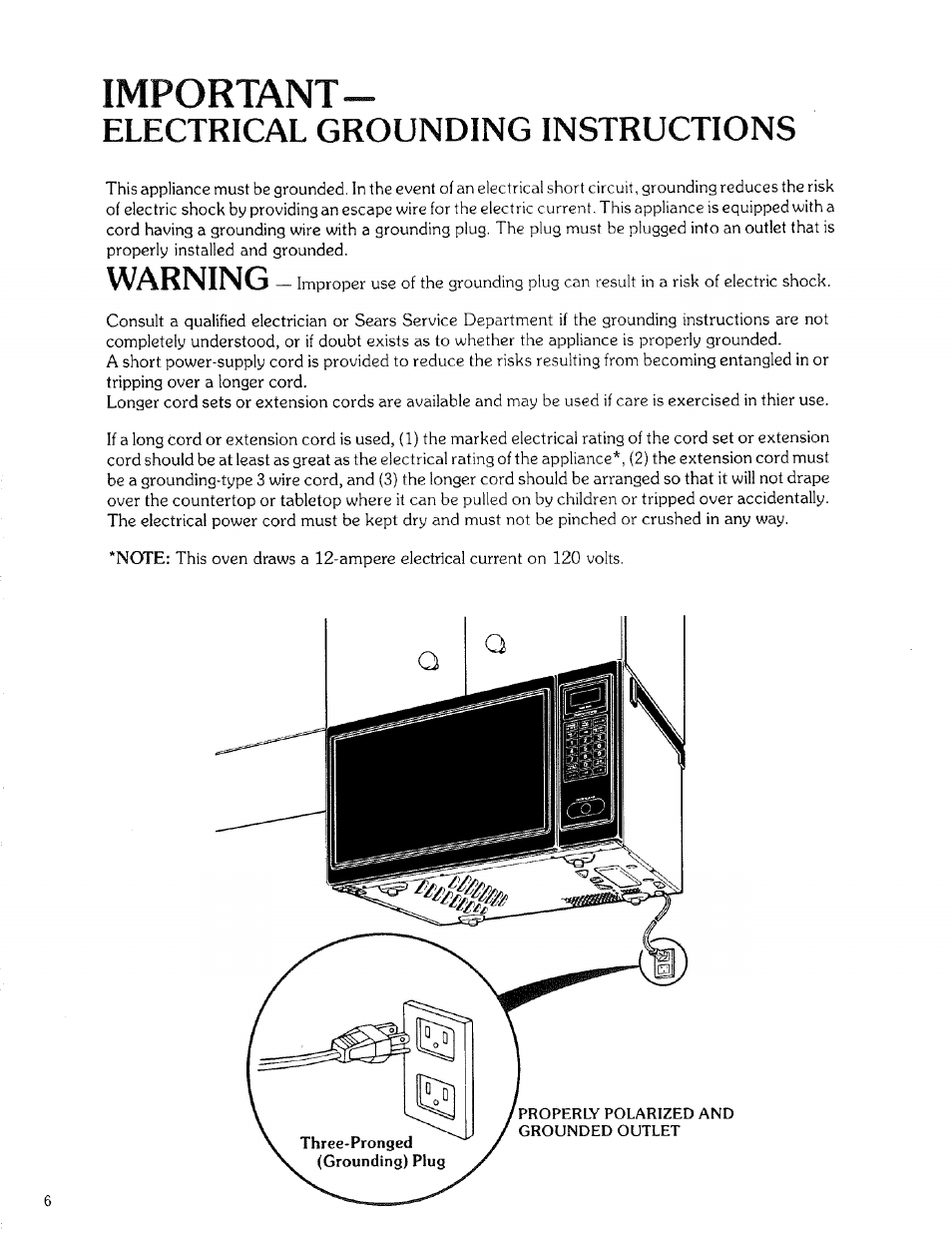 Important, Electrical grounding instructions, Warning | Kenmore 88329 User Manual | Page 6 / 35