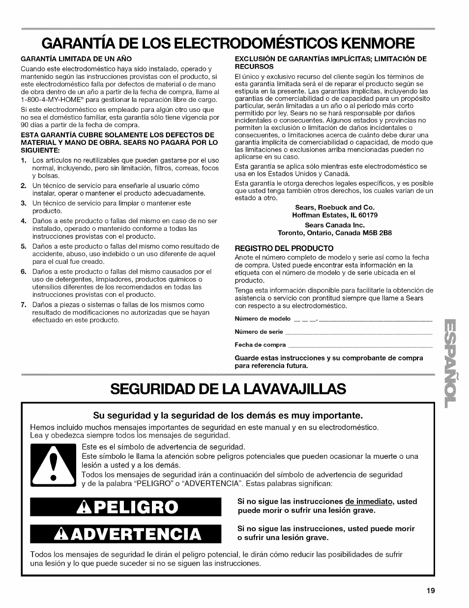 Garantia de los electrodomesticos kenmore, Registro del producto, Seguridad de la lavavajillas | Apeligro aadvertencia | Kenmore 665.1389 User Manual | Page 19 / 52