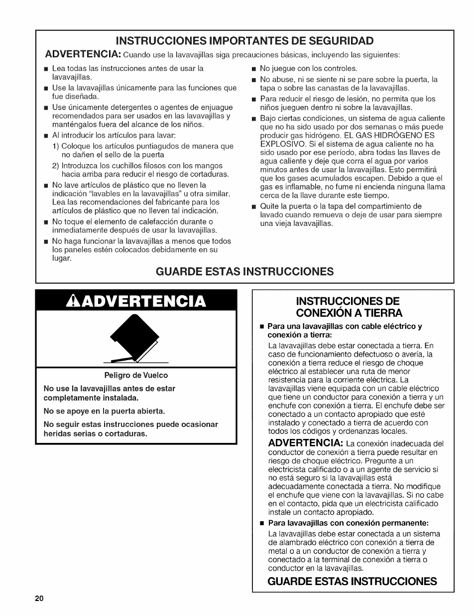 Guarde estas instrucciones, Instrucciones de conexión a tierra, Advertencia | Kenmore 665.1389 User Manual | Page 20 / 52