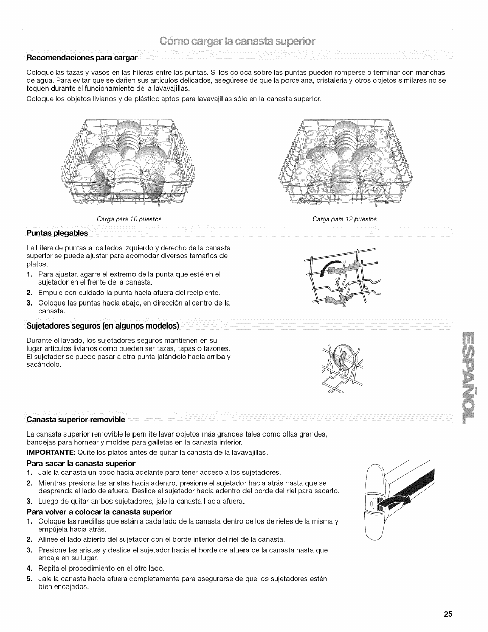 Recomendaciones para cargar, Canasta superior removible | Kenmore 665.1389 User Manual | Page 25 / 52