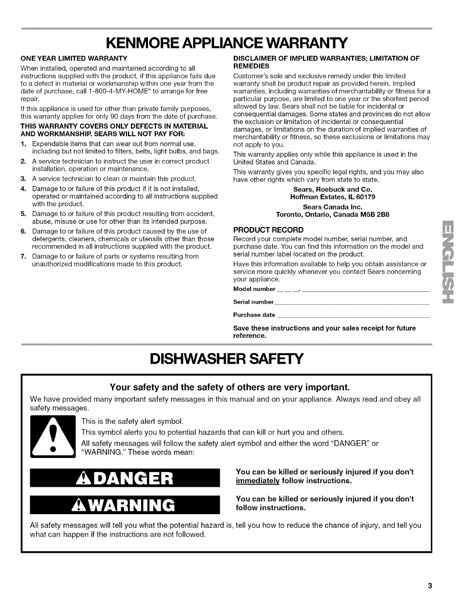 Kenmore appliance warranty, Product record, Dishwasher safety | Adanger awarning | Kenmore 665.1389 User Manual | Page 3 / 52