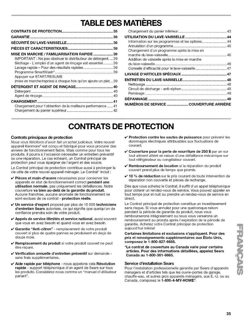 Table des matieres, Contrats de protection, Contrats principaux de protection | Service d'installation sears | Kenmore 665.1389 User Manual | Page 35 / 52