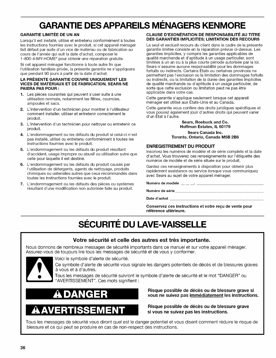 Garantie des appareils menagers kenmore, Enregistrement du produit, Securite du lave-vaisselle | Adanger, Rti sse m e nt | Kenmore 665.1389 User Manual | Page 36 / 52