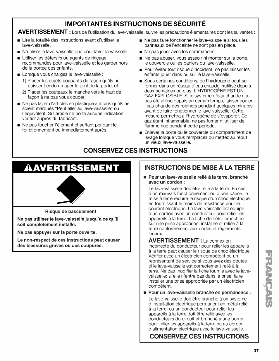 Importantes instructions de securite, Conservez ces instructions, Instructions de mise a la terre | Avertissement, Importantes instructions de securite avertissement | Kenmore 665.1389 User Manual | Page 37 / 52