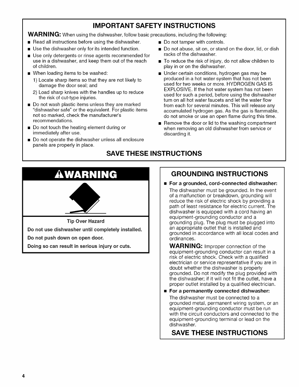 Important safety instructions, Save these instructions, Tip over hazard | Grounding instructions, Awarning, Important safety instructions warning, Warning | Kenmore 665.1389 User Manual | Page 4 / 52