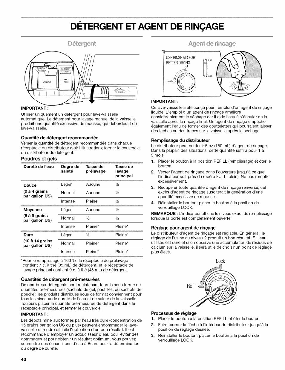 Détergent et agent de rinçage, Quantité de détergent recommandée, Poudres et gels | Quantités de détergent pré-mesurées, Remplissage du distributeur, Réglage pour agent de rinçage, Processus de réglage, Lock | Kenmore 665.1389 User Manual | Page 40 / 52