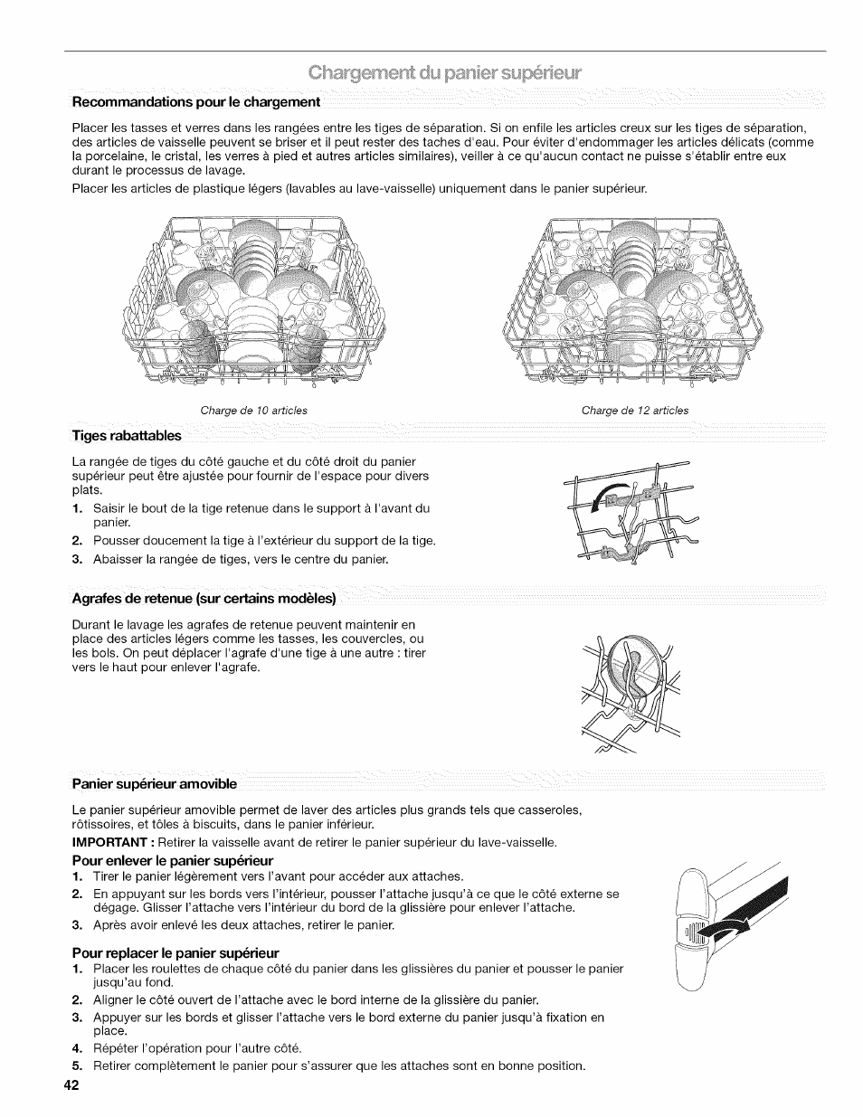 Agrafes de retenue {sur certains modèles), Panier supérieur amovible, Pour replacer le panier supérieur | Kenmore 665.1389 User Manual | Page 42 / 52