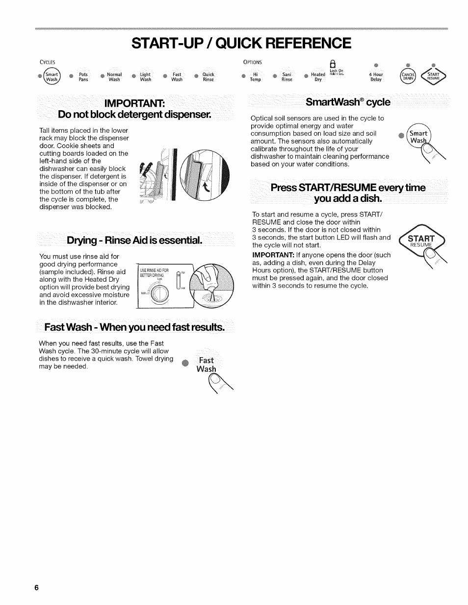Start-up / quick reference, Important, Do not block detergent dispenser | Drying - rinse aid is essential, Smartwash® cycle, Press start/resume every time you add a dish, Fast wash - when you need fast results, Important: do not block detergent dispenser | Kenmore 665.1389 User Manual | Page 6 / 52