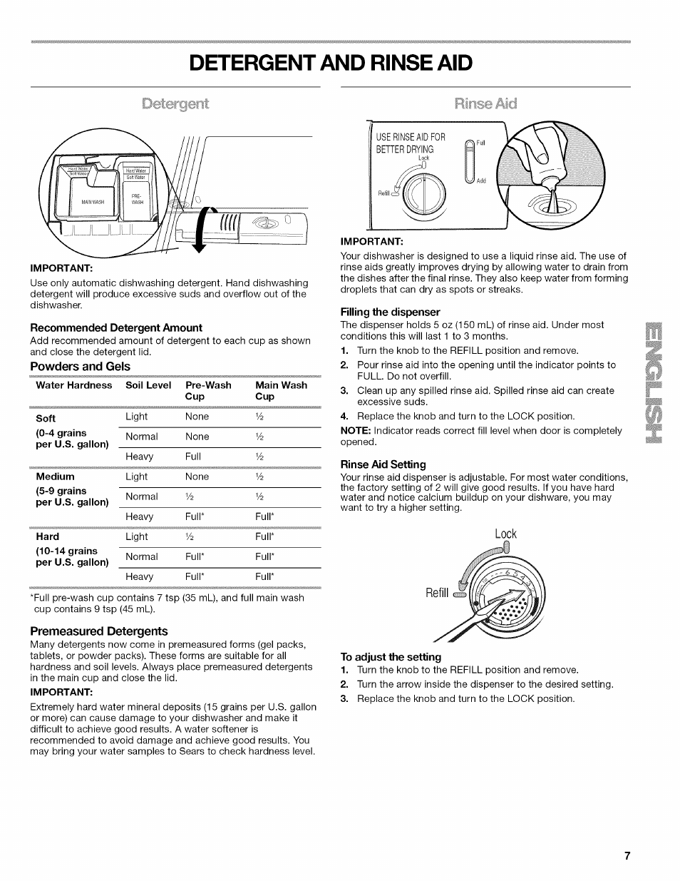 Detergent and rinse aid, Recommended detergent amount, Powders and gels | Premeasured detergents, Filling the dispenser, Rinse aid setting, To adjust the setting, Lock | Kenmore 665.1389 User Manual | Page 7 / 52
