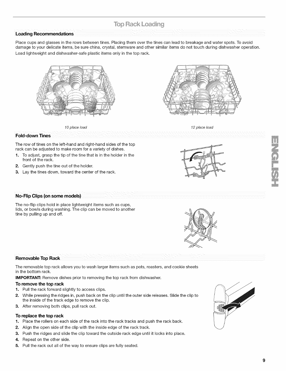 Fold-down tines, No-flip clips (on some models), Removable top rack | To replace the top rack | Kenmore 665.1389 User Manual | Page 9 / 52