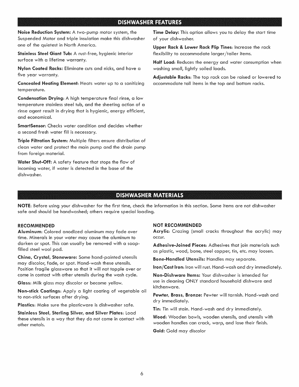 Dishwasher materials | Kenmore 630.7793 User Manual | Page 6 / 19