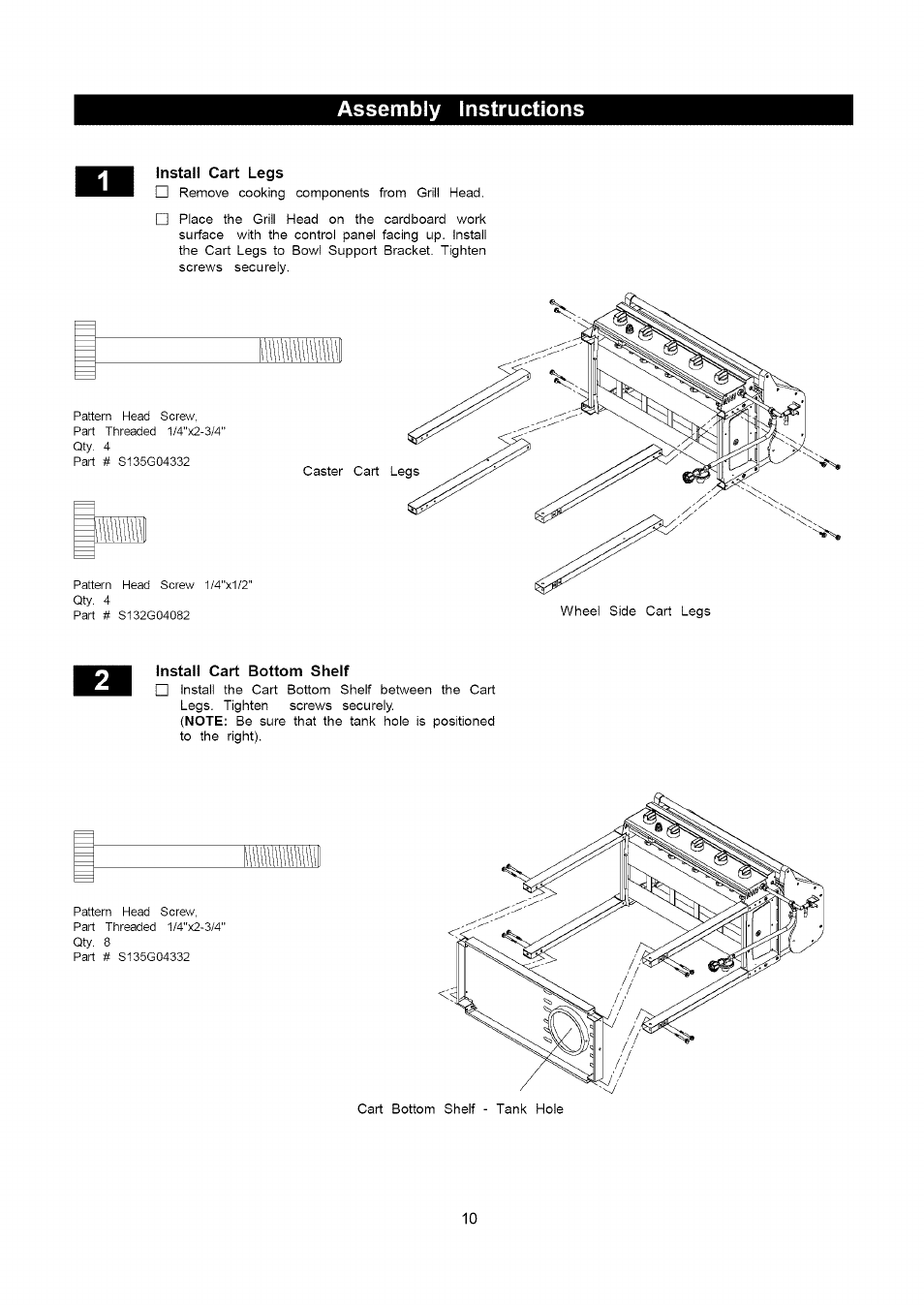 Install cart legs, Install cart bottom shelf, Assembly instructions | Kenmore 141.16322 User Manual | Page 10 / 28