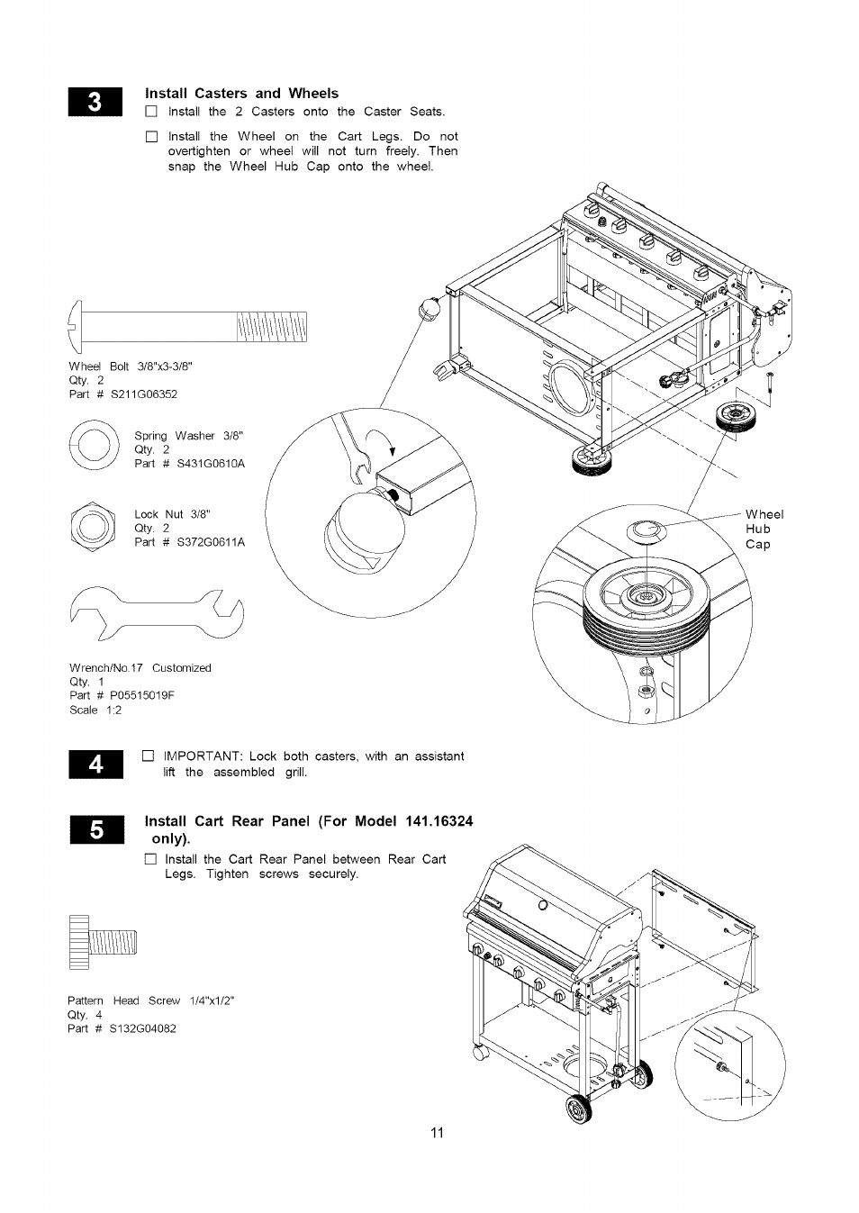 Install casters and wheels, Install cart rear panel (for model 141.16324 only) | Kenmore 141.16322 User Manual | Page 11 / 28