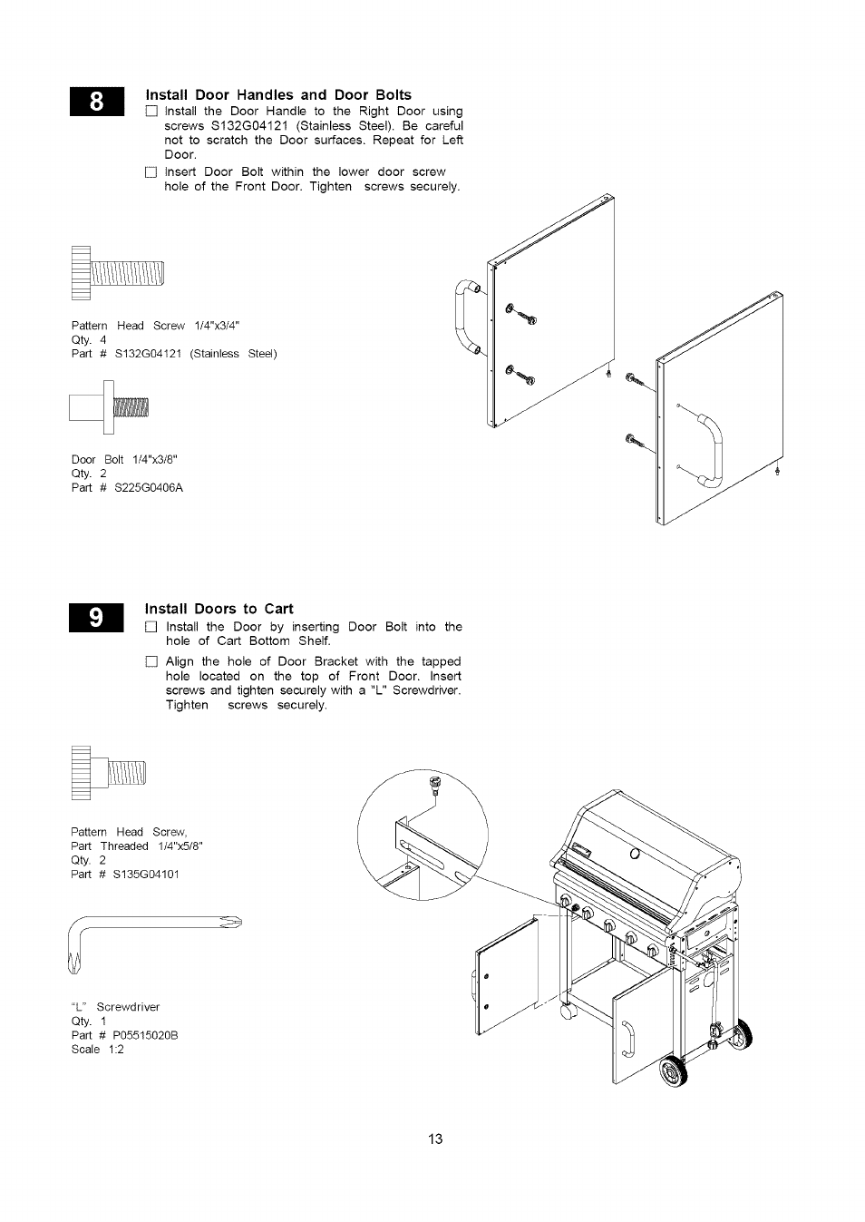 Install door handles and door bolts, Install doors to cart | Kenmore 141.16322 User Manual | Page 13 / 28