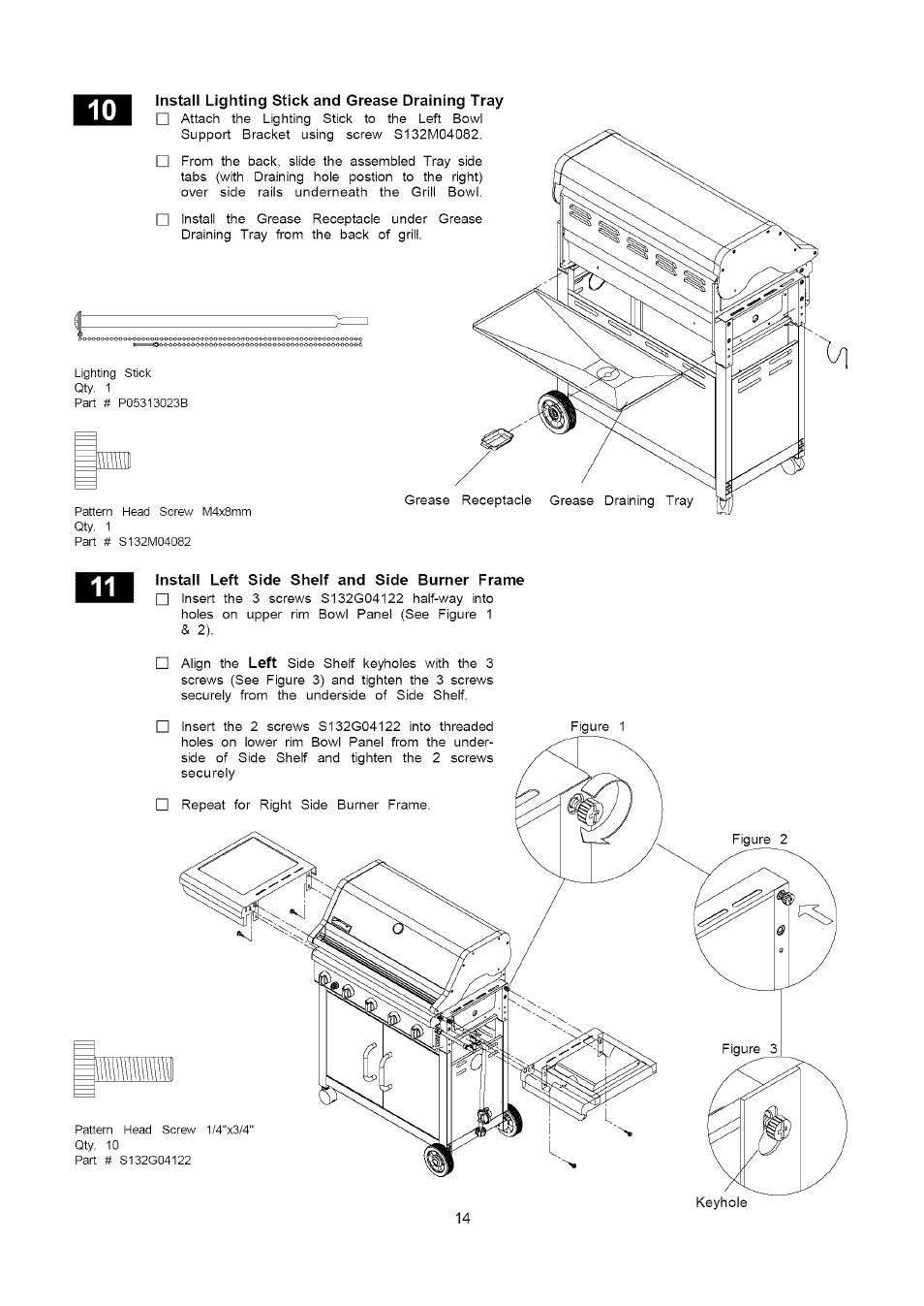 Install lighting stick and grease draining tray, Install left side shelf and side burner frame | Kenmore 141.16322 User Manual | Page 14 / 28