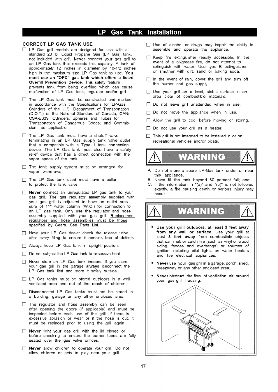 Correct lp gas tank use, Lp gas tank installation | Kenmore 141.16322 User Manual | Page 17 / 28