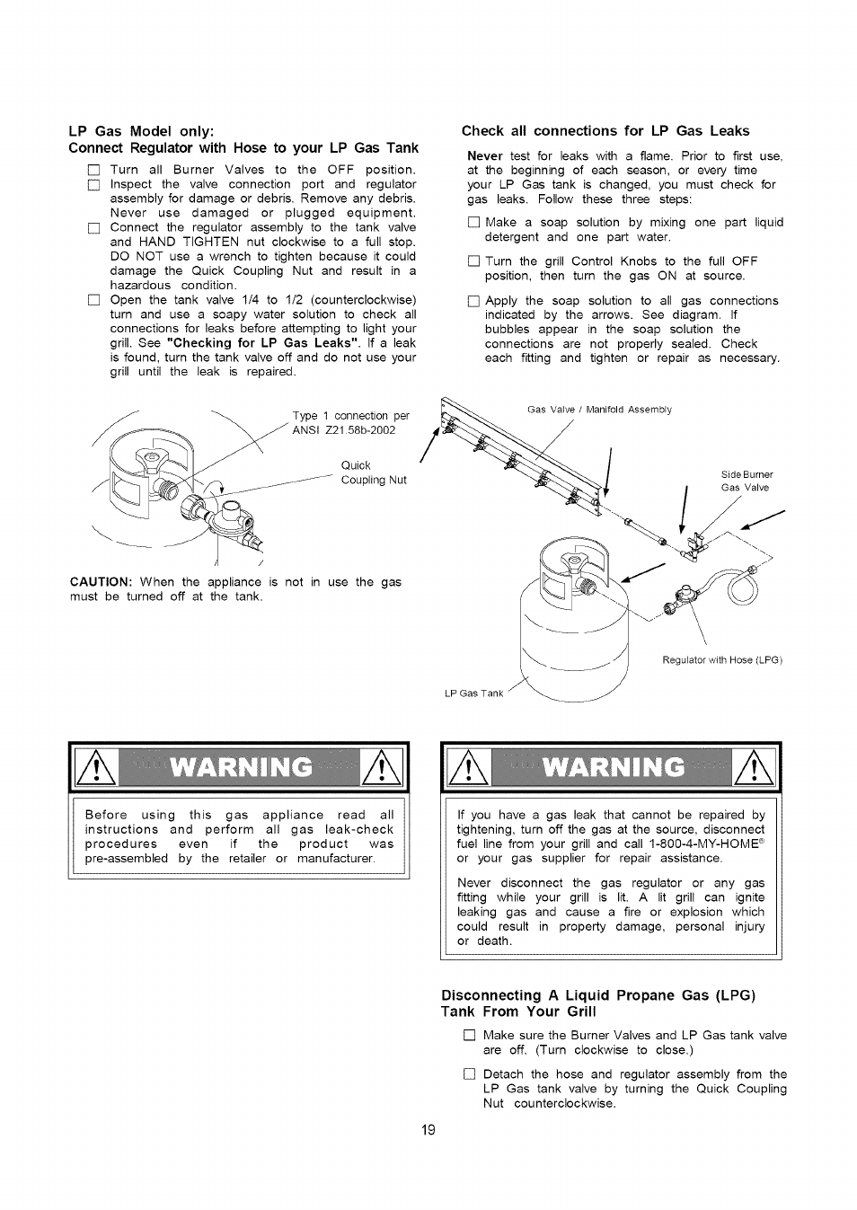Lp gas model only, Check all connections for lp gas leaks | Kenmore 141.16322 User Manual | Page 19 / 28