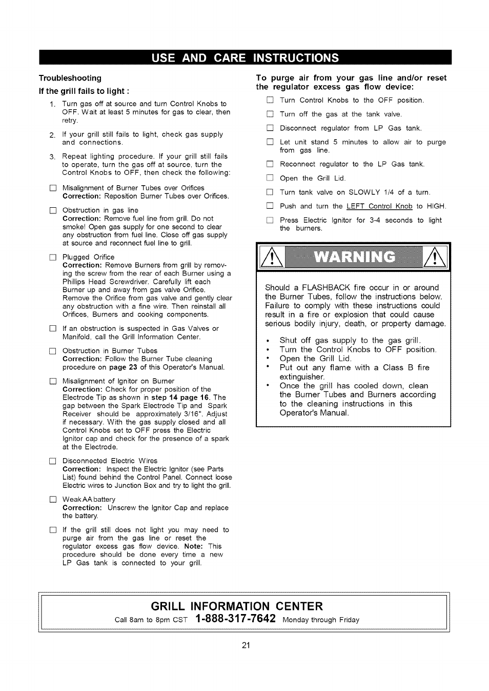 Troubleshooting if the grill fails to light, Use and care instructions, Grill information center | Kenmore 141.16322 User Manual | Page 21 / 28