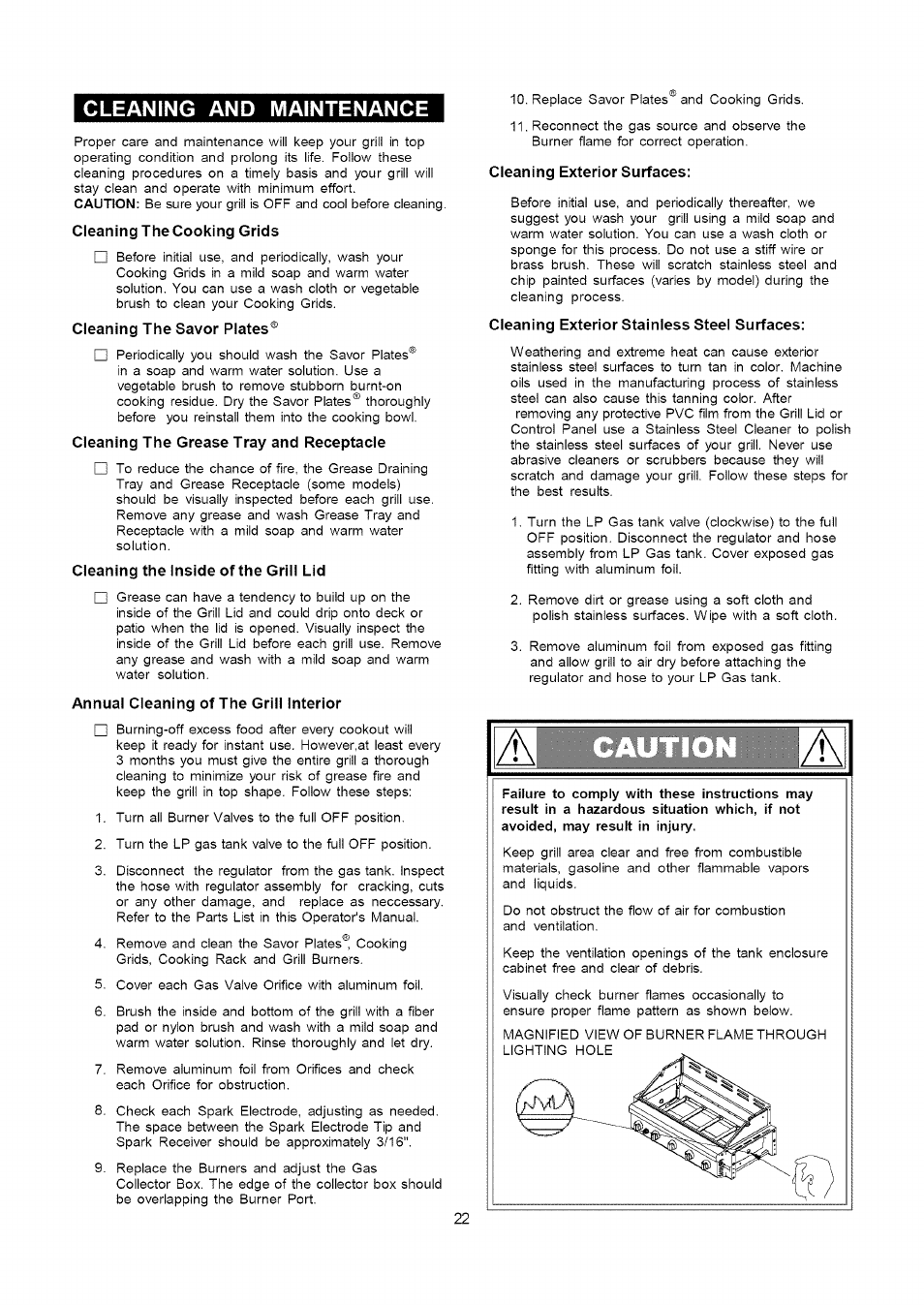 Annual cleaning of the grill interior, Cleaning exterior surfaces, Cleaning exterior stainless steel surfaces | Cleaning and maintenance | Kenmore 141.16322 User Manual | Page 22 / 28