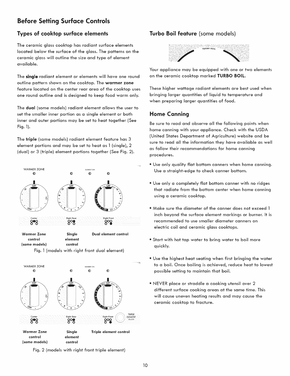 Turbo boil feature (some models), Home canning, Before setting surface controls | Some models) | Kenmore 790.9280 User Manual | Page 10 / 40