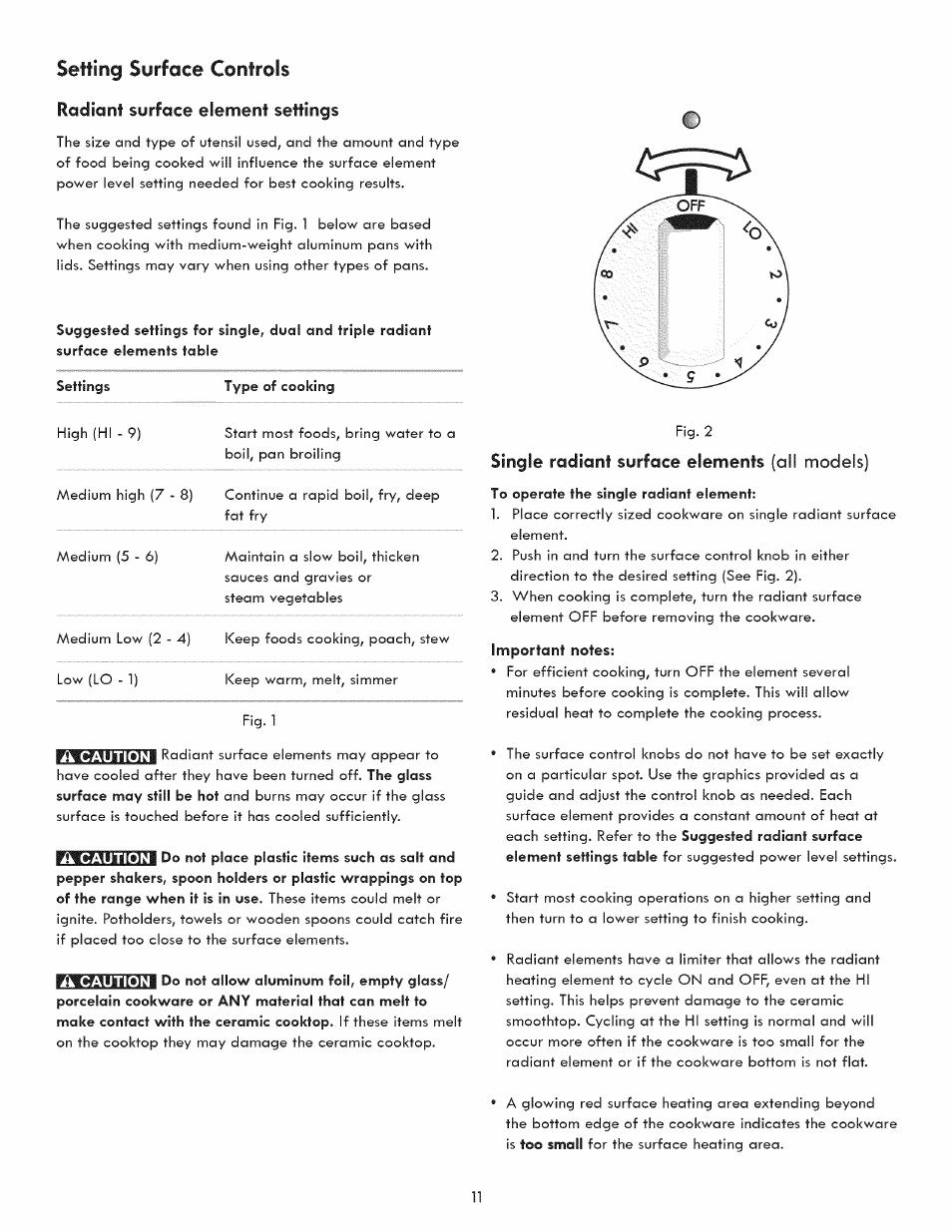 Radiant surface element settings, Single radiant surface elements (all models), Dual radiant surface element | Setting surface controls, Single radiant surface elements | Kenmore 790.9280 User Manual | Page 11 / 40