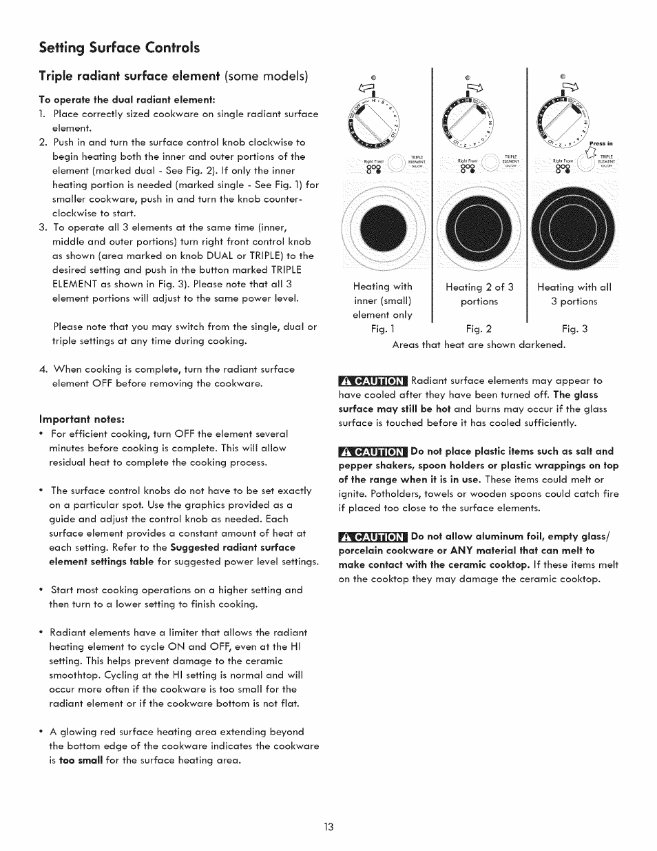 Triple radiant surface element (some models), Triple radiant surface element, Setting surface controls | Kenmore 790.9280 User Manual | Page 13 / 40