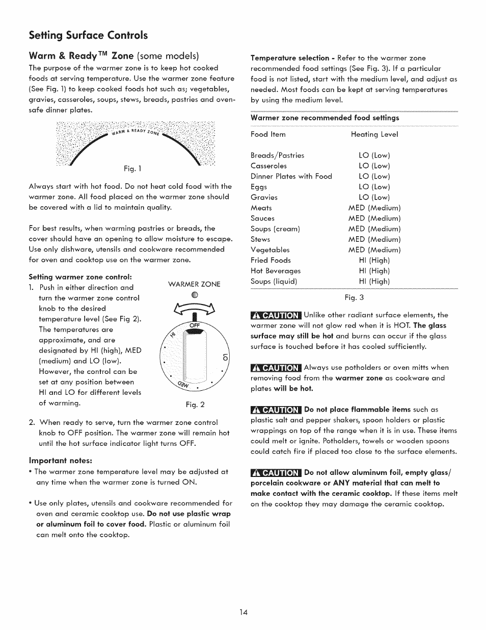 Setting surface controls, Warm, Ready™ zone | Some models) | Kenmore 790.9280 User Manual | Page 14 / 40