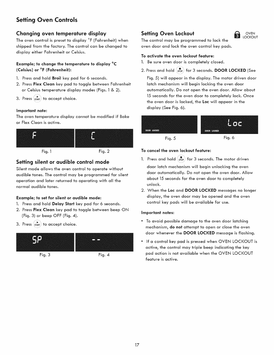 Changing oven temperature display, Setting silent or audible control mode, Setting oven lockout | Changing oven temperature display (f° or c°) | Kenmore 790.9280 User Manual | Page 17 / 40