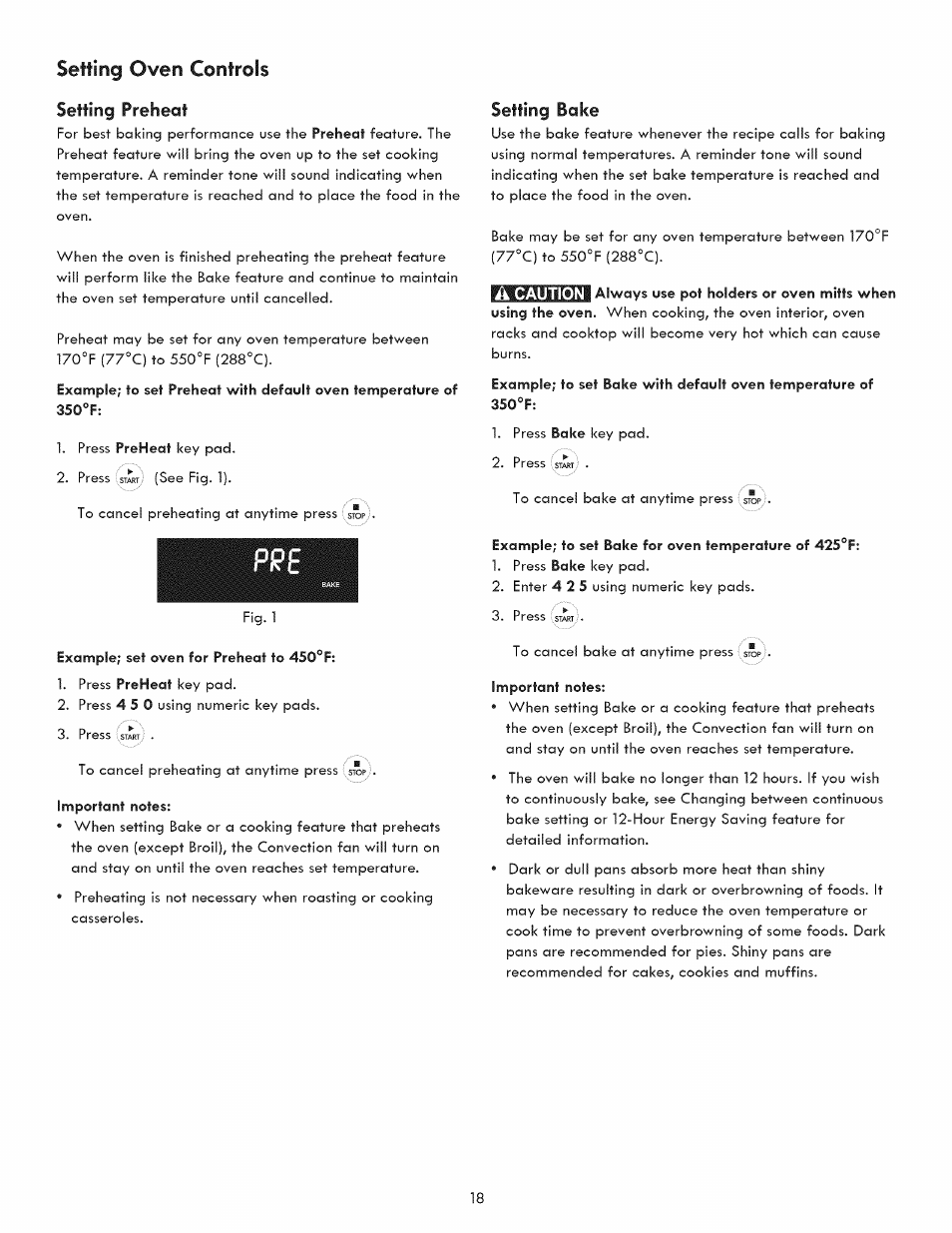 Setting preheat, Setting bake, Setting oven controls | Kenmore 790.9280 User Manual | Page 18 / 40