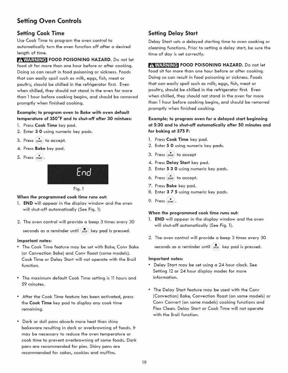 Setting cook time, Setting oven controls, Setting delay start | Kenmore 790.9280 User Manual | Page 19 / 40