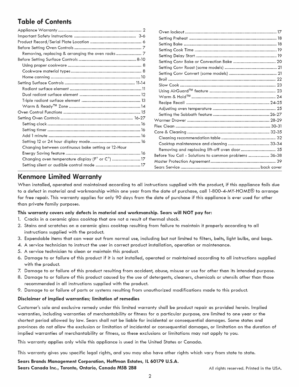 Kenmore limited warranty, Table ©f contents | Kenmore 790.9280 User Manual | Page 2 / 40