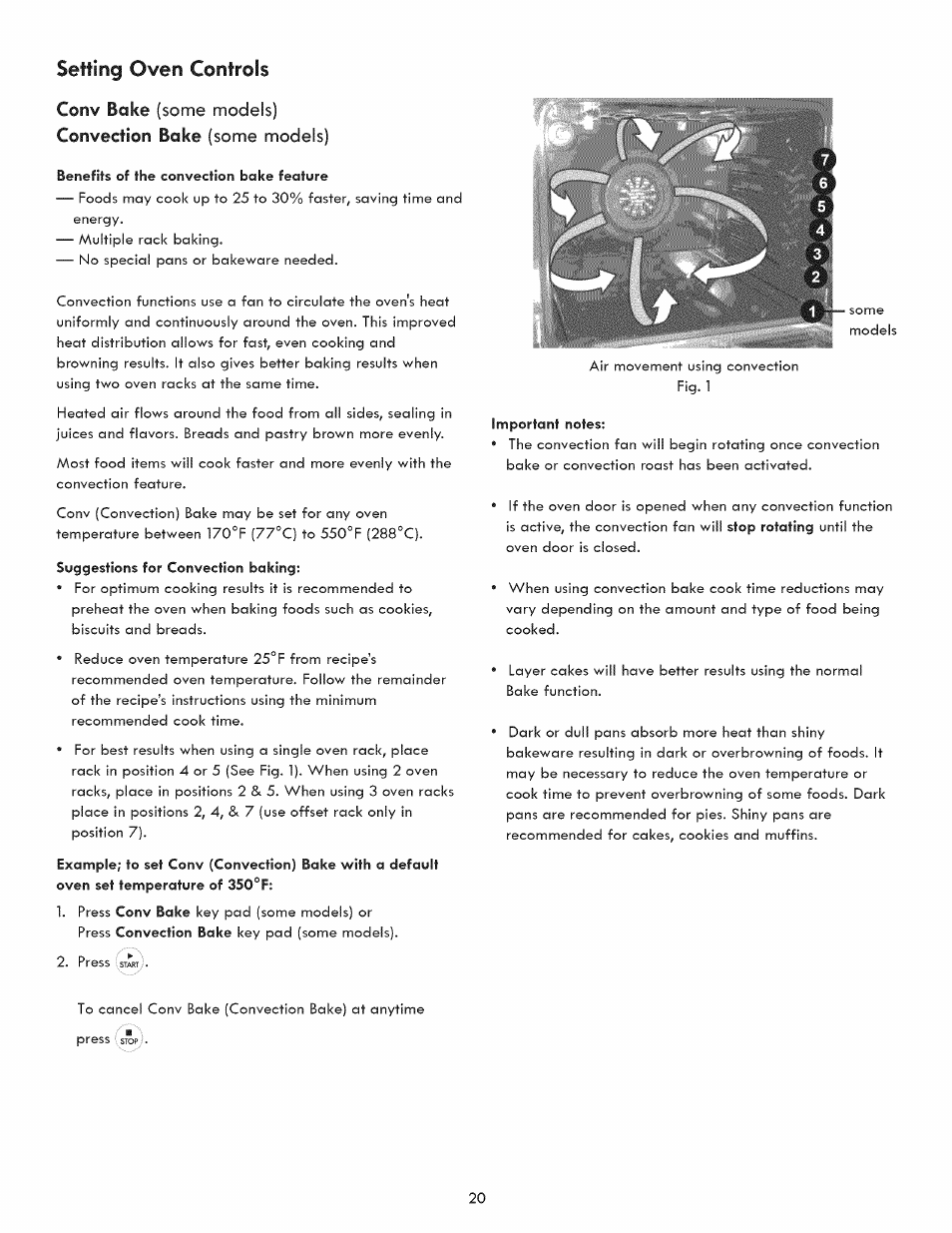 Convection bake (some models), Setting oven controls, Conv bake | Convection bake, Some models) | Kenmore 790.9280 User Manual | Page 20 / 40