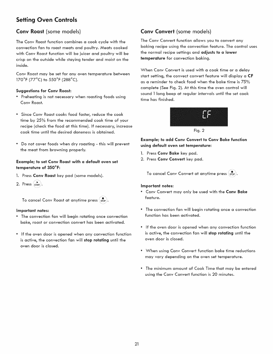 Setting oven controls, Conv roast, Conv convert | Some models) | Kenmore 790.9280 User Manual | Page 21 / 40