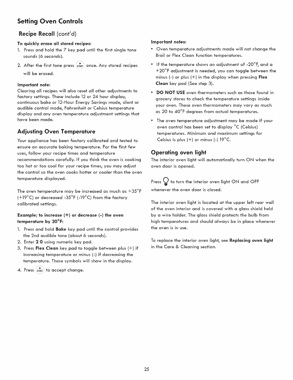 Recipe recall (cont’d), Adjusting oven temperature, Operating oven light | Setting oven controls, Recipe recall, Cont’d) | Kenmore 790.9280 User Manual | Page 25 / 40