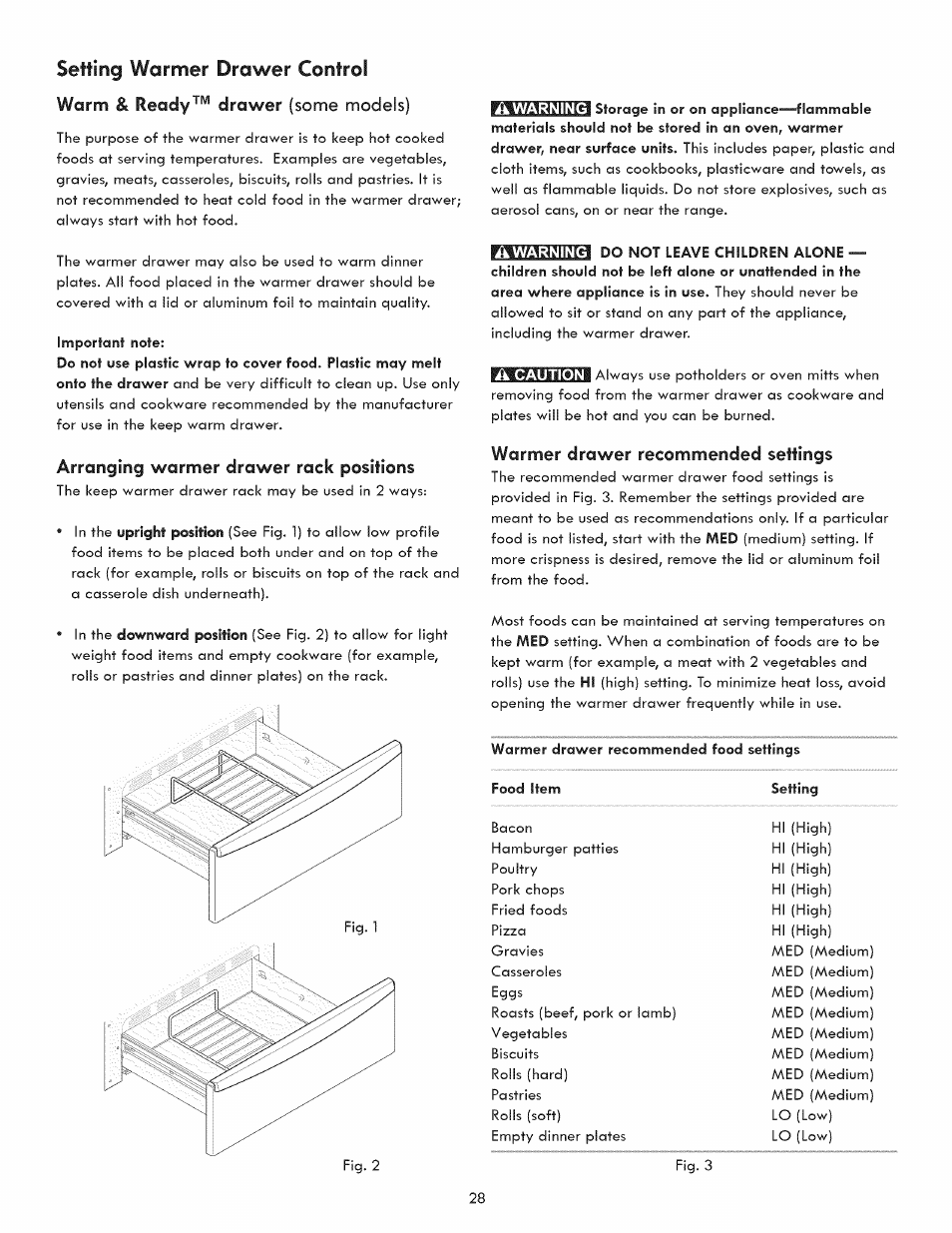 Arranging warmer drawer rack positions, Warmer drawer recommended settings, Setting warmer drawer control | Warm & ready™ drawer | Kenmore 790.9280 User Manual | Page 28 / 40