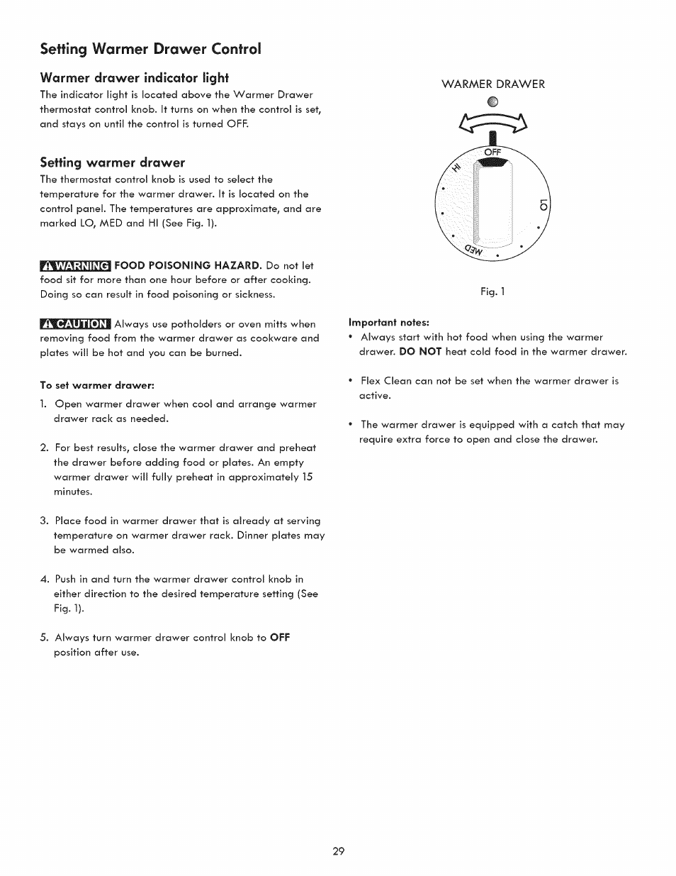 Warmer drawer indicator light, Setting warmer drawer, Setting warmer drawer control | Kenmore 790.9280 User Manual | Page 29 / 40