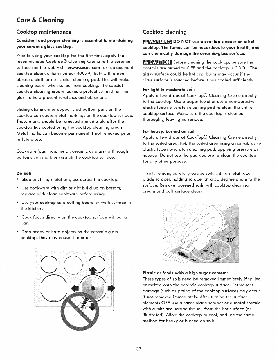 Cooktop maintenance, Cooktop cleaning, Care & cleaning | Kenmore 790.9280 User Manual | Page 33 / 40