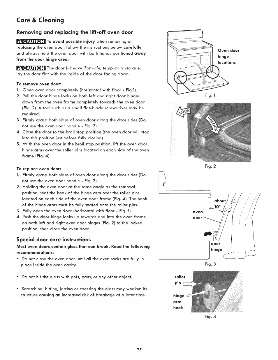 Removing and replacing the lift-off oven door, Special door care instructions, Removing and replacing lift-off oven door | Care & cleaning | Kenmore 790.9280 User Manual | Page 35 / 40