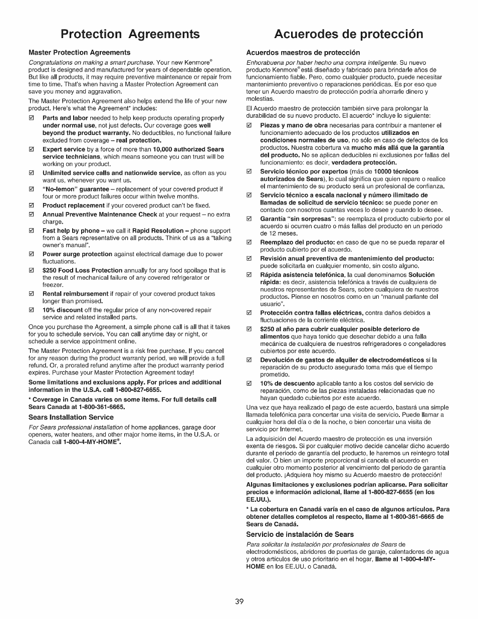 Protection agreements, Acuerodes de protección, Master protection agreement | Sears | Kenmore 790.9280 User Manual | Page 39 / 40