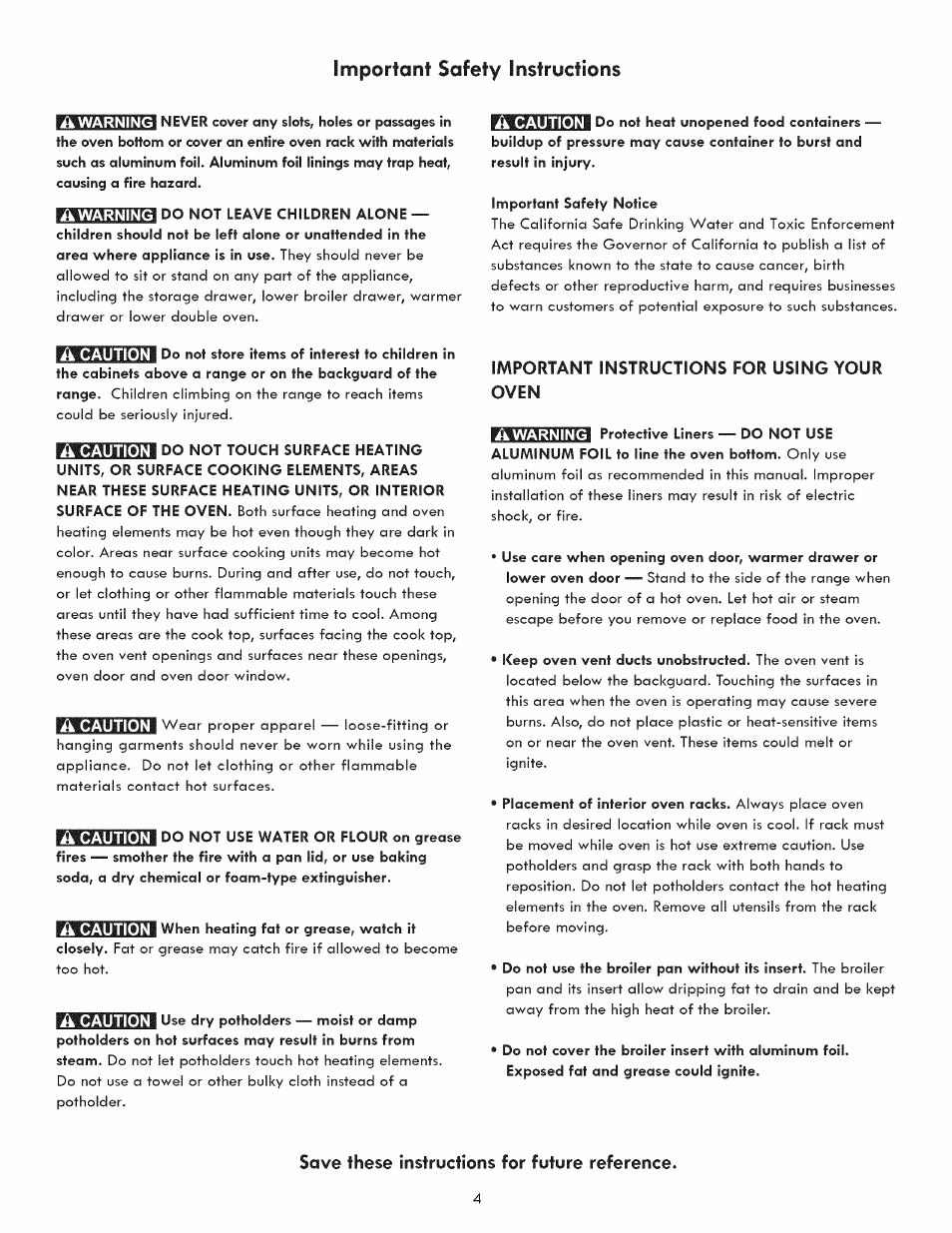 Important instructions for using your oven, Important sofety instructions, A caution | Save these instructions for future reference | Kenmore 790.9280 User Manual | Page 4 / 40