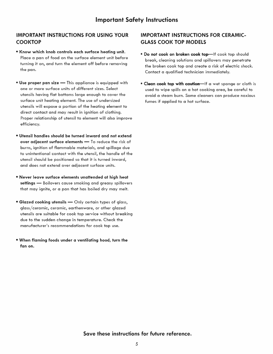 Important sofety instructions, Important instructions for using your cooktop, Save these instructions for future reference | Kenmore 790.9280 User Manual | Page 5 / 40