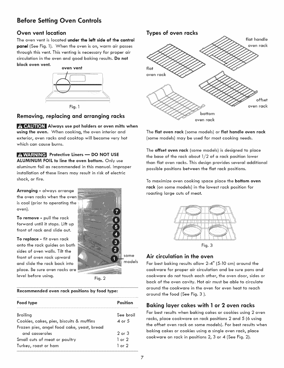 Oven vent location, Removing, replacing and arranging racks, Air circulation in the oven | Baking layer cakes with 1 or 2 oven racks, Before setting oven controls | Kenmore 790.9280 User Manual | Page 7 / 40